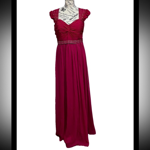 Bari Jay Wine Red Beaded Mesh Maxi Formal Dress 12 Gala Bridesmaid Wedding HOCO - Picture 2 of 12